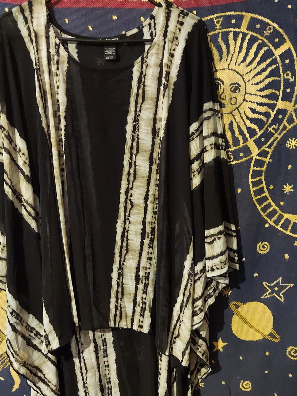 Black White & Cream Striped Sheer Poncho Blouse